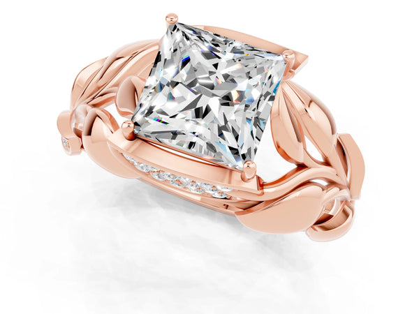 Rose gold Princess Cut Moissanite Leaf-Inspired Engagement Ring with Round Accents and Prong Setting