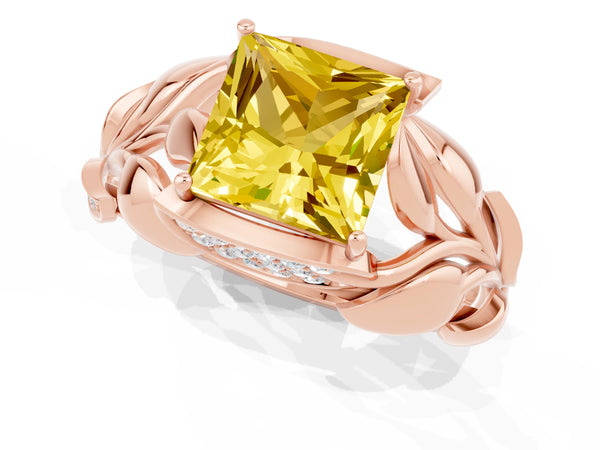 Rose gold Princess Cut Yellow Sapphire Leaf-Inspired Engagement Ring with Round Accents and Prong Setting