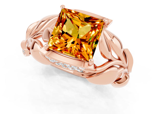 Rose gold Princess Cut Citrine Leaf-Inspired Engagement Ring with Round Accents and Prong Setting