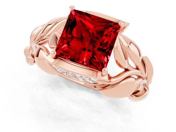Rose gold Princess Cut Ruby Leaf-Inspired Engagement Ring with Round Accents and Prong Setting