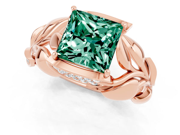Rose gold Princess Cut Green Sapphire Leaf-Inspired Engagement Ring with Round Accents and Prong Setting