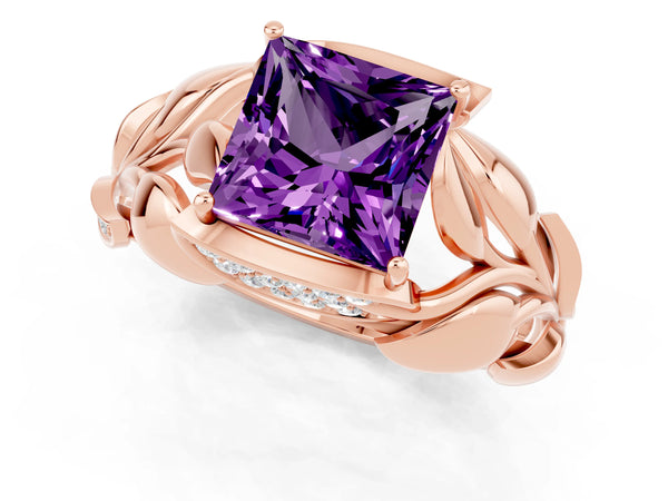 Rose gold Princess Cut Amethyst Leaf-Inspired Engagement Ring with Round Accents and Prong Setting
