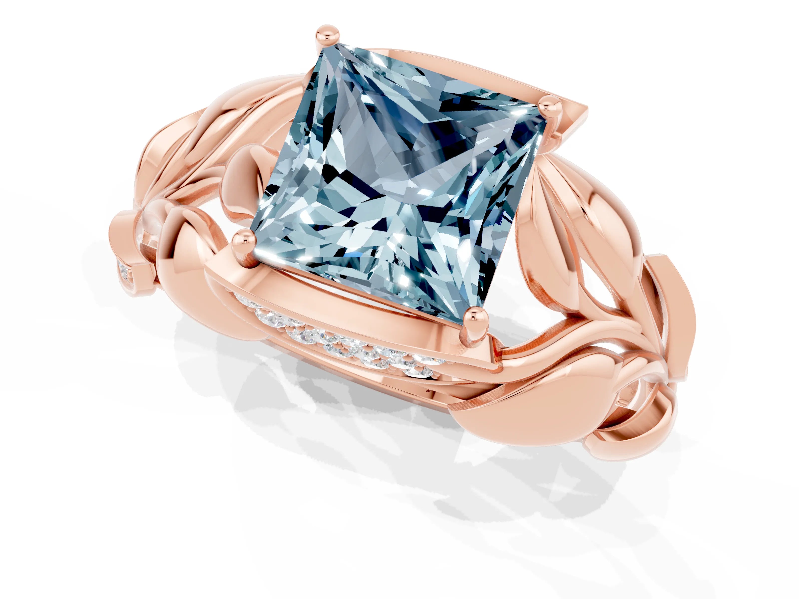 Rose gold Princess Cut Solitaire Leaf-Inspired Engagement Ring with Prong Setting_1