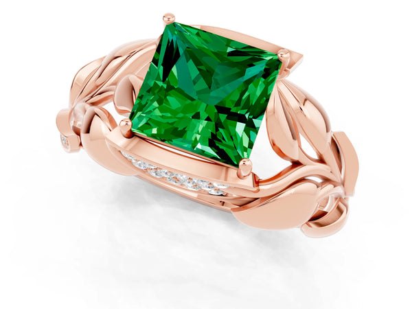 Rose gold Princess Cut Emerald Leaf-Inspired Engagement Ring with Round Accents and Prong Setting
