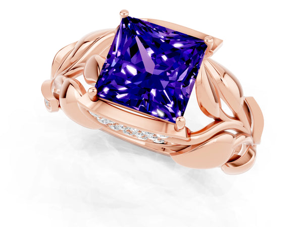 Rose gold Princess Cut Tanzanite Leaf-Inspired Engagement Ring with Round Accents and Prong Setting