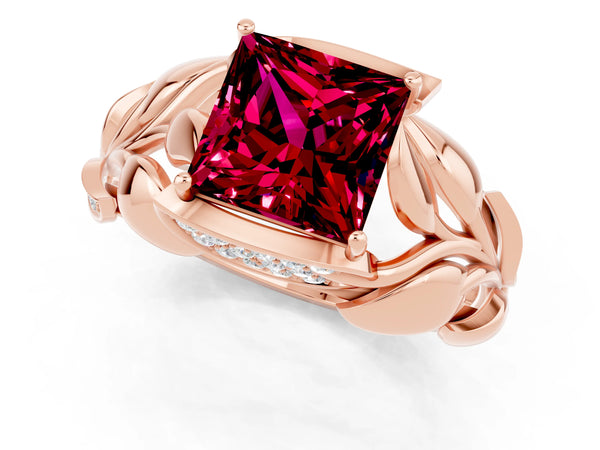 Rose gold Princess Cut Garnet Leaf-Inspired Engagement Ring with Round Accents and Prong Setting
