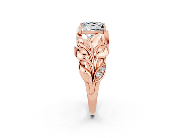 Rose gold Princess Cut Moissanite Leaf-Inspired Engagement Ring with Round Accents and Prong Setting