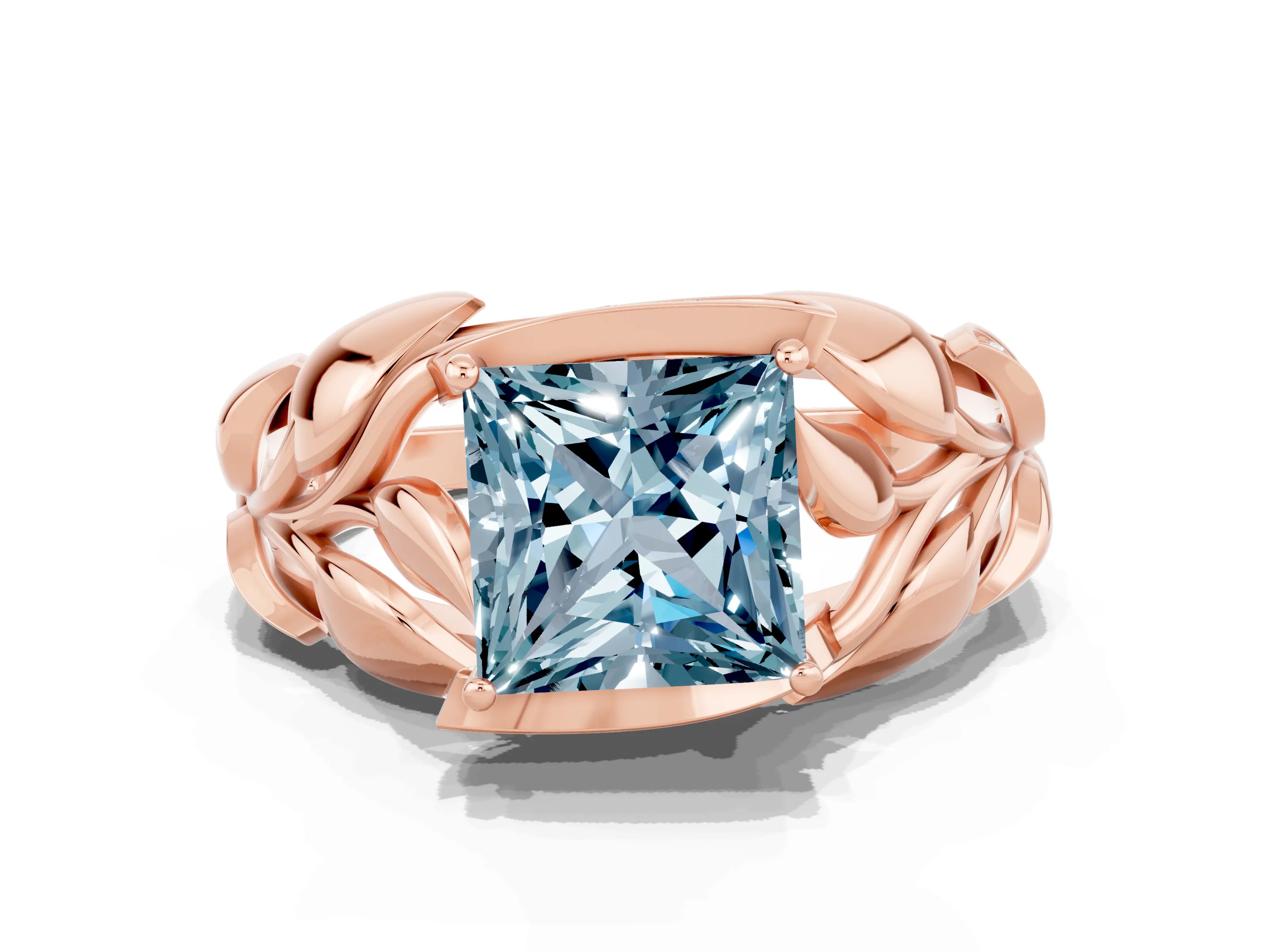 Rose gold Princess Cut Solitaire Leaf-Inspired Engagement Ring with Prong Setting