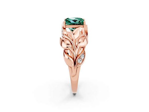 Rose gold Princess Cut Green Sapphire Leaf-Inspired Engagement Ring with Round Accents and Prong Setting
