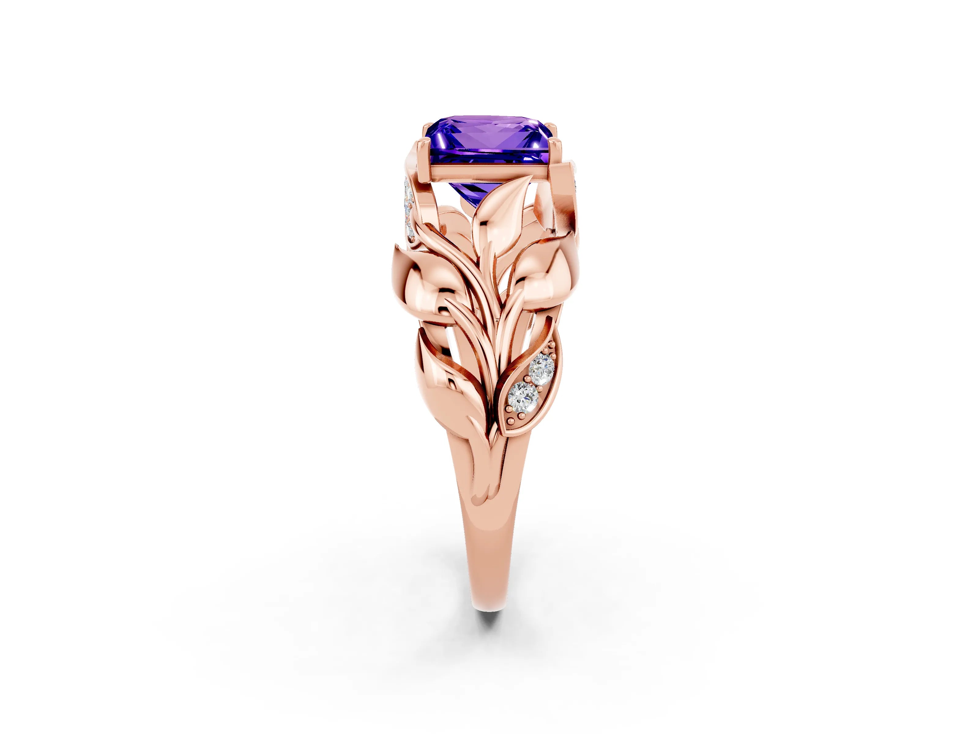 Rose gold Princess Cut Solitaire Leaf-Inspired Engagement Ring with Prong Setting_2