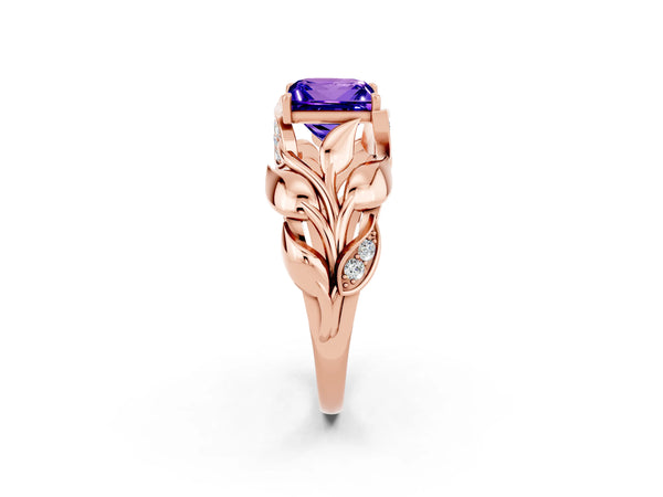 Rose gold Princess Cut Tanzanite Leaf-Inspired Engagement Ring with Round Accents and Prong Setting
