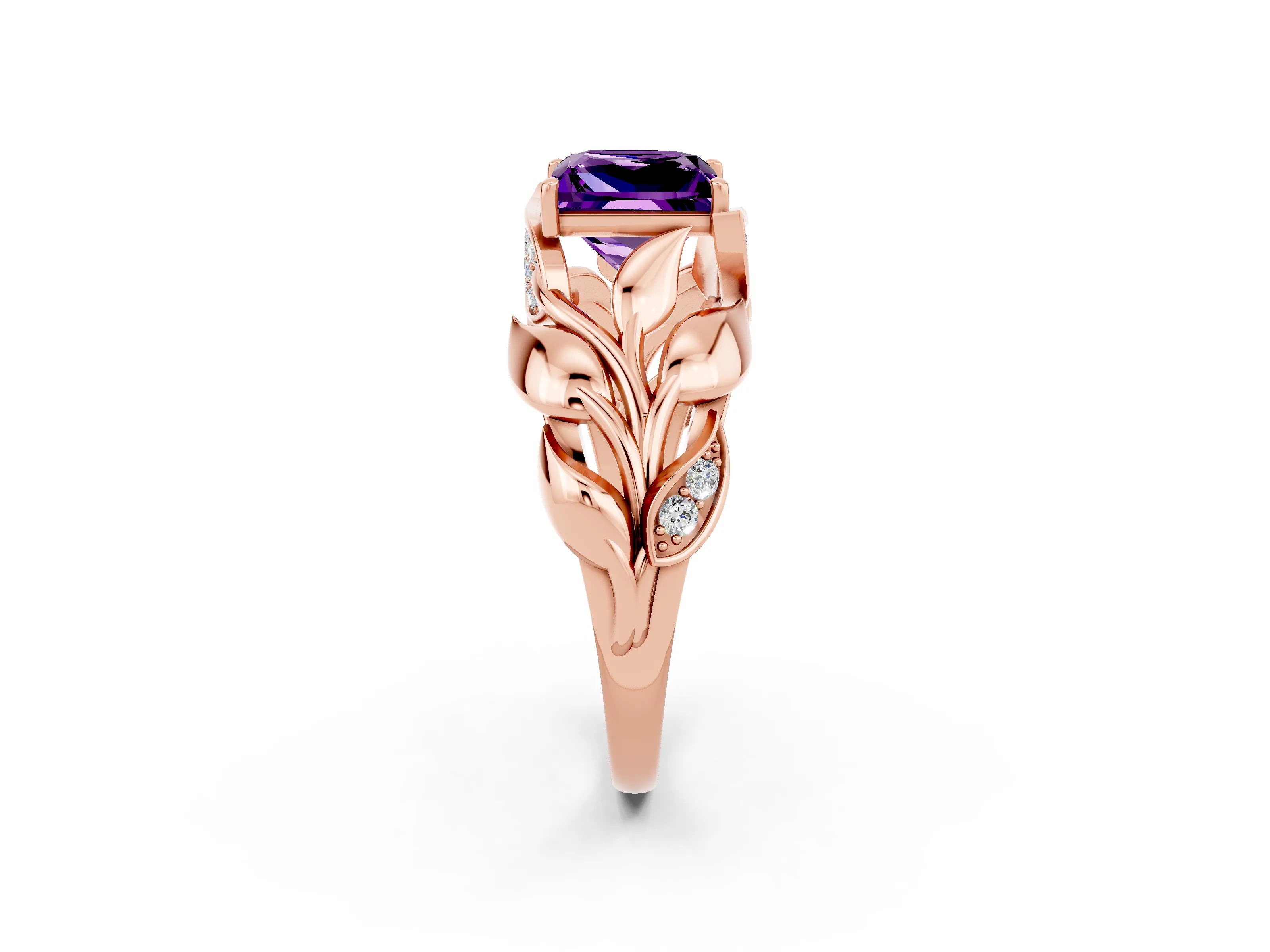 Rose gold Princess Cut Solitaire Leaf-Inspired Engagement Ring with Prong Setting_2