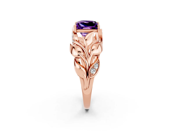 Rose gold Princess Cut Amethyst Leaf-Inspired Engagement Ring with Round Accents and Prong Setting