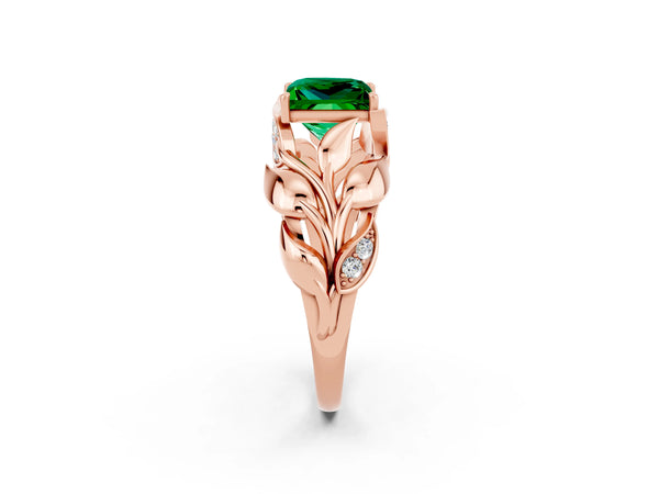 Rose gold Princess Cut Emerald Leaf-Inspired Engagement Ring with Round Accents and Prong Setting