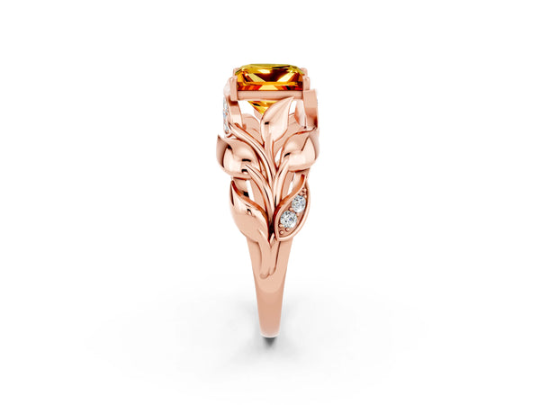 Rose gold Princess Cut Citrine Leaf-Inspired Engagement Ring with Round Accents and Prong Setting