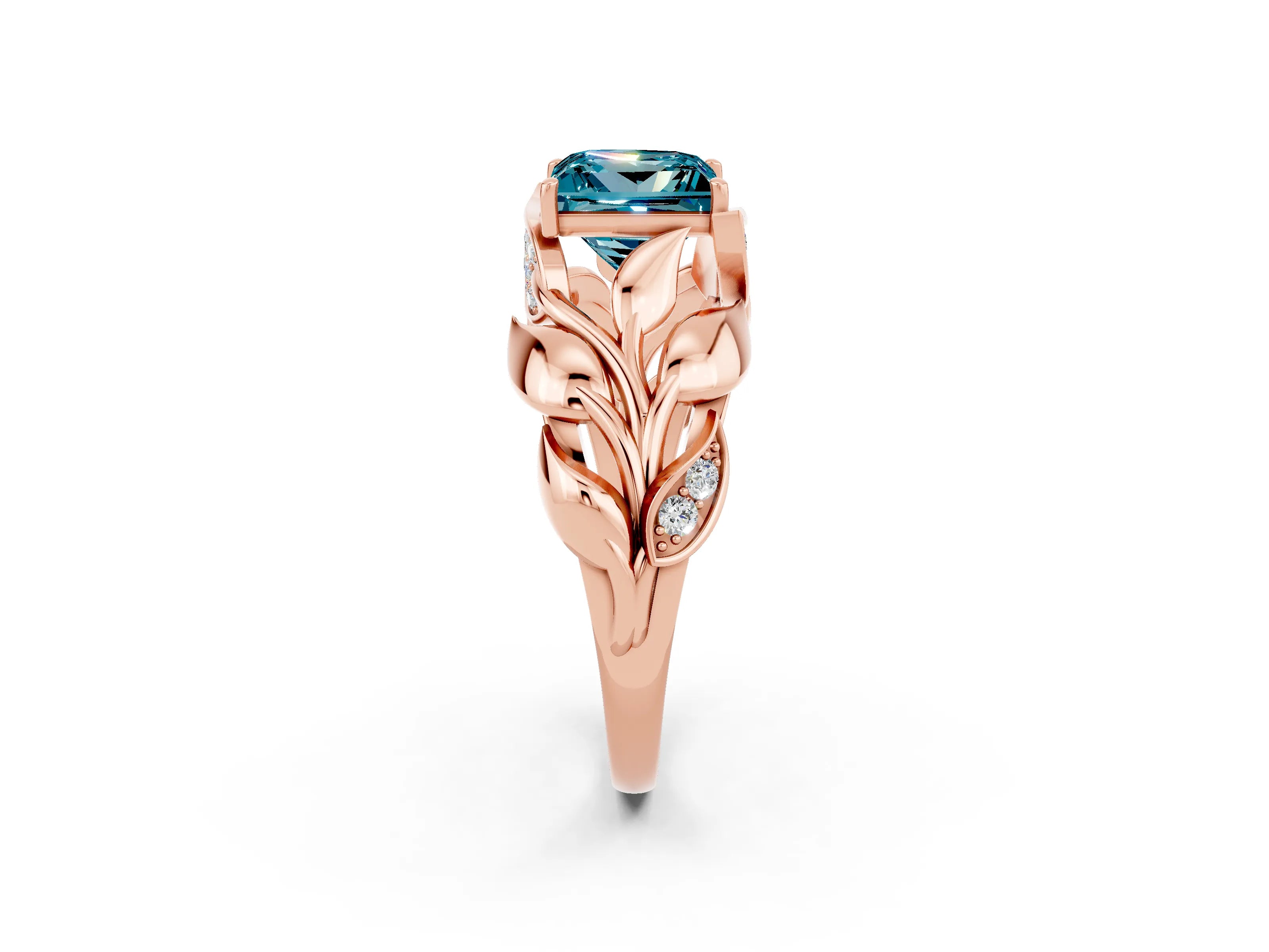 Rose gold Princess Cut Solitaire Leaf-Inspired Engagement Ring with Prong Setting_2