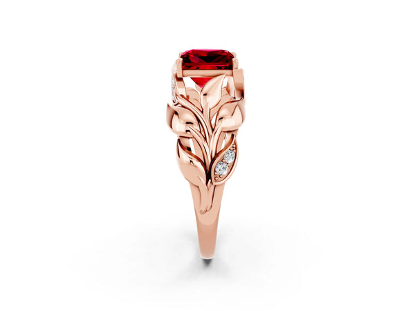 Rose gold Princess Cut Ruby Leaf-Inspired Engagement Ring with Round Accents and Prong Setting