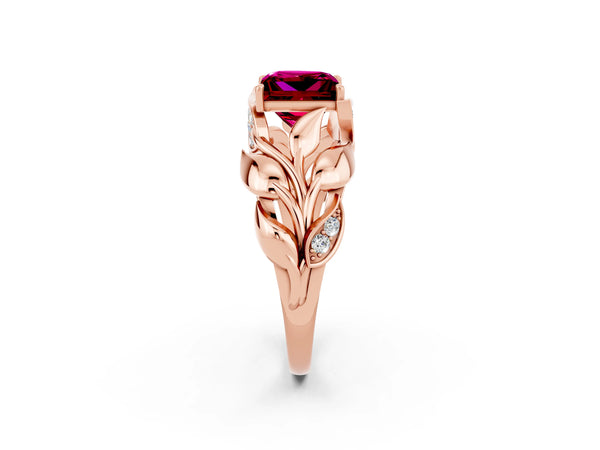 Rose gold Princess Cut Garnet Leaf-Inspired Engagement Ring with Round Accents and Prong Setting