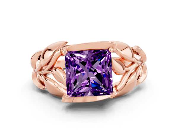 Rose gold Princess Cut Amethyst Leaf-Inspired Engagement Ring with Round Accents and Prong Setting
