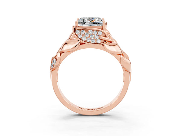Rose gold Princess Cut Moissanite Leaf-Inspired Engagement Ring with Round Accents and Prong Setting