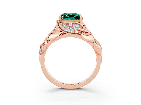 Rose gold Princess Cut Green Sapphire Leaf-Inspired Engagement Ring with Round Accents and Prong Setting