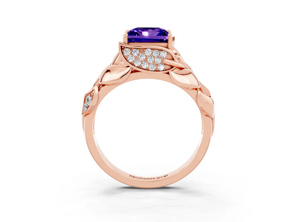 Rose gold Princess Cut Tanzanite Leaf-Inspired Engagement Ring with Round Accents and Prong Setting