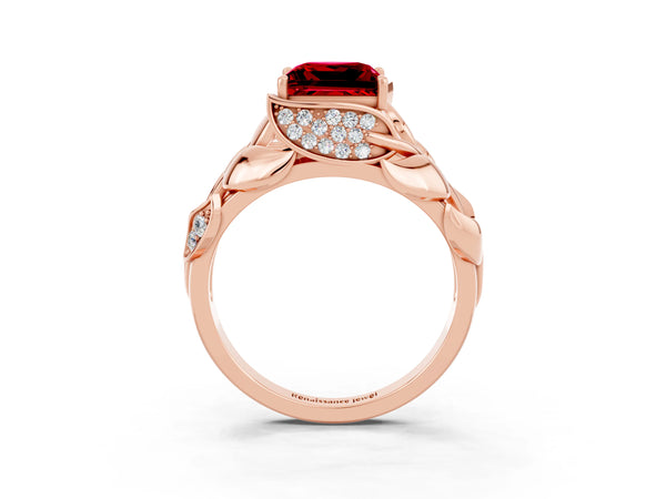 Rose gold Princess Cut Ruby Leaf-Inspired Engagement Ring with Round Accents and Prong Setting