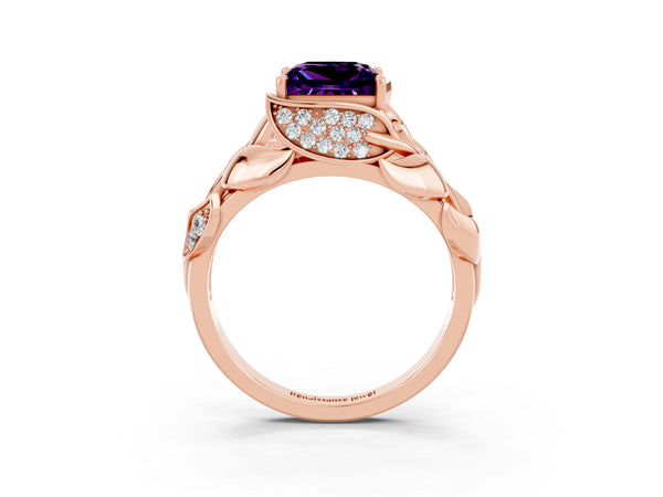 Rose gold Princess Cut Amethyst Leaf-Inspired Engagement Ring with Round Accents and Prong Setting