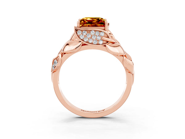 Rose gold Princess Cut Citrine Leaf-Inspired Engagement Ring with Round Accents and Prong Setting