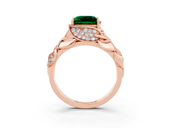 Rose gold Princess Cut Emerald Leaf-Inspired Engagement Ring with Round Accents and Prong Setting