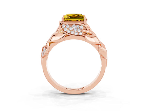Rose gold Princess Cut Yellow Sapphire Leaf-Inspired Engagement Ring with Round Accents and Prong Setting