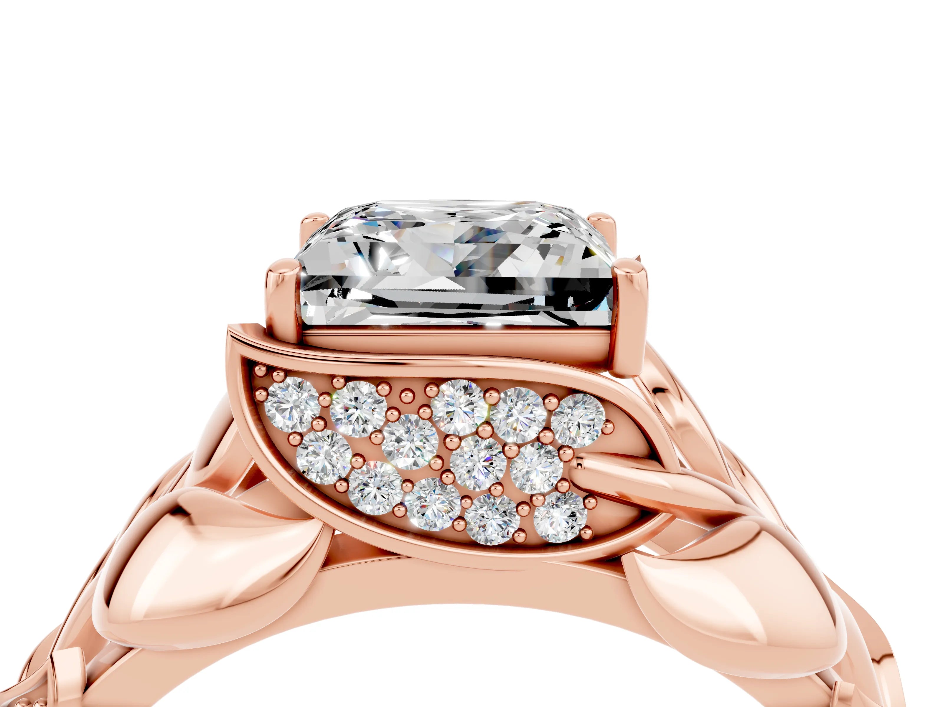Rose gold Princess Cut Solitaire Leaf-Inspired Engagement Ring with Prong Setting_4