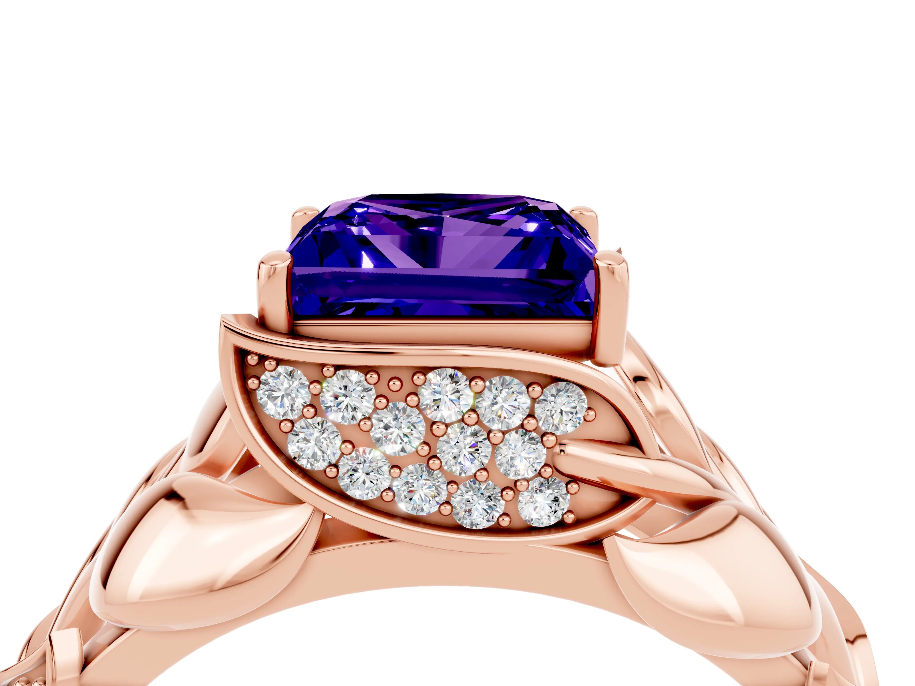 Rose gold Princess Cut Solitaire Leaf-Inspired Engagement Ring with Prong Setting_4