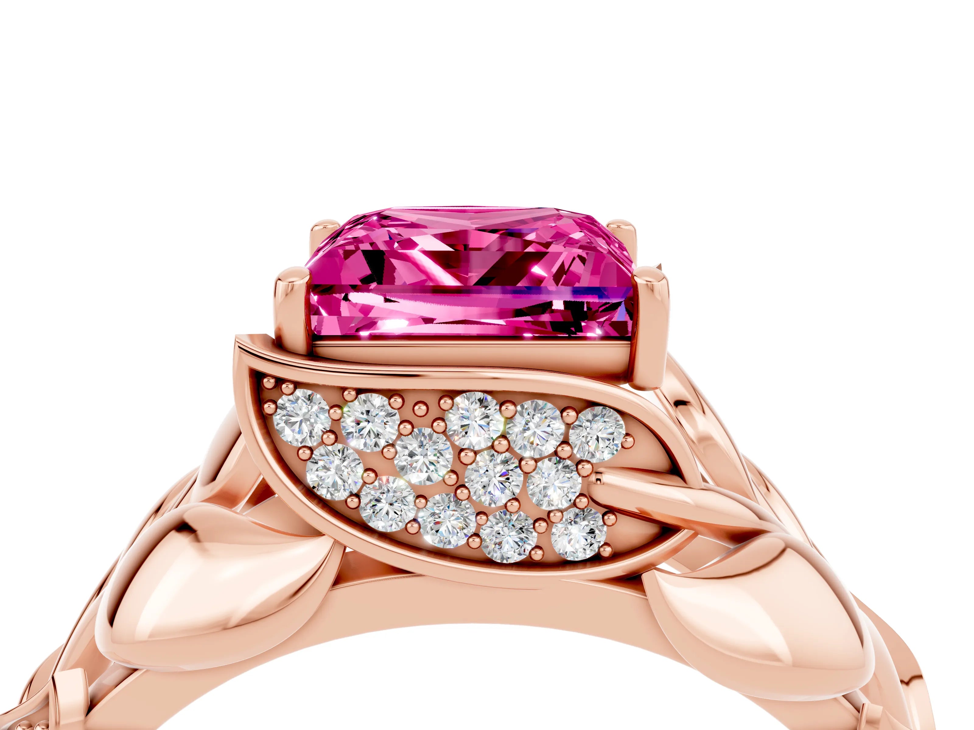 Rose gold Princess Cut Solitaire Leaf-Inspired Engagement Ring with Prong Setting_4