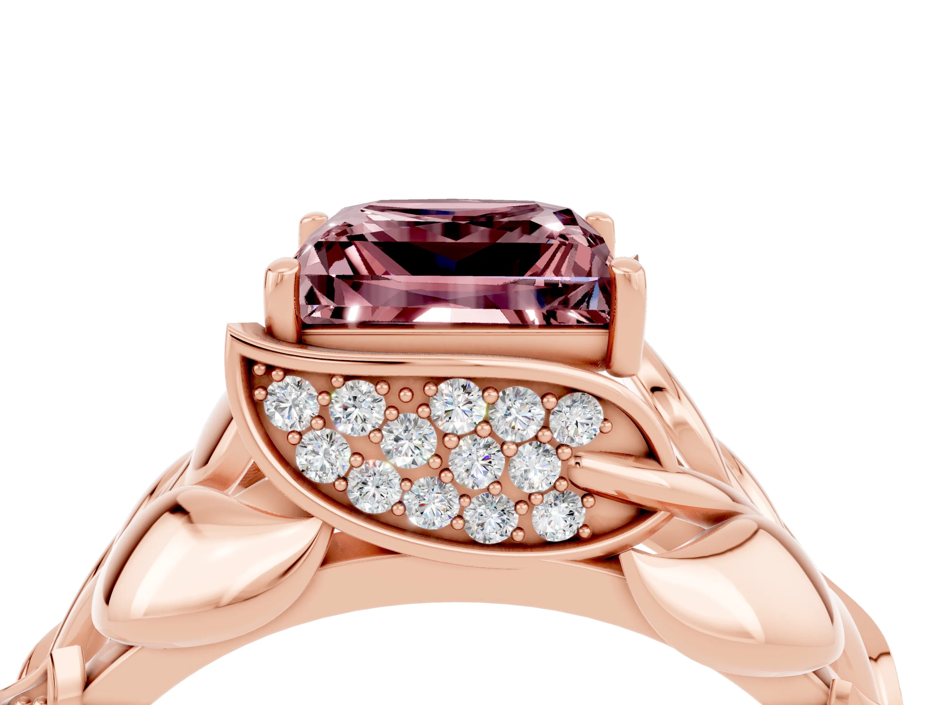Rose gold Princess Cut Solitaire Leaf-Inspired Engagement Ring with Prong Setting_4