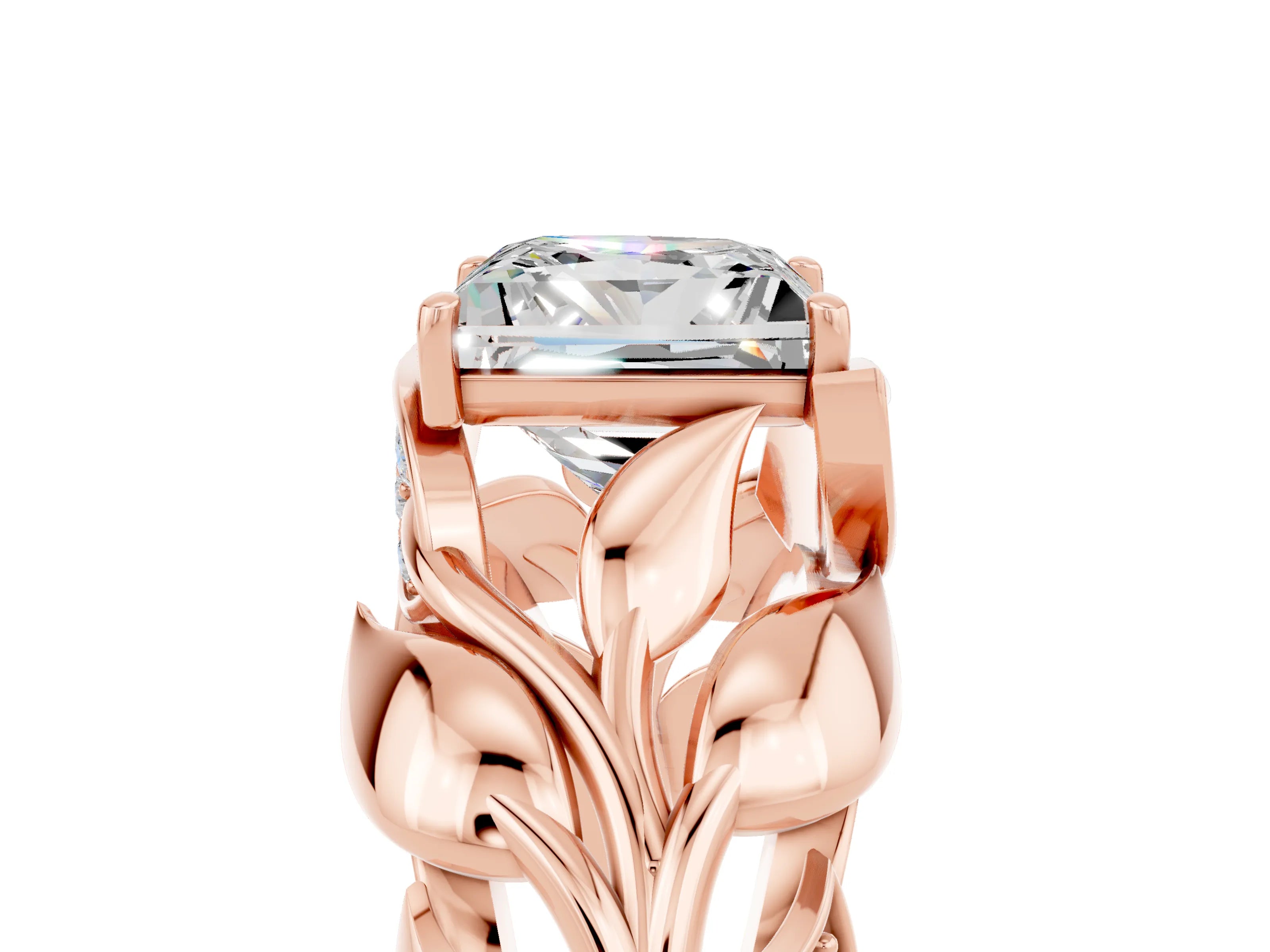 Rose gold Princess Cut Solitaire Leaf-Inspired Engagement Ring with Prong Setting_5