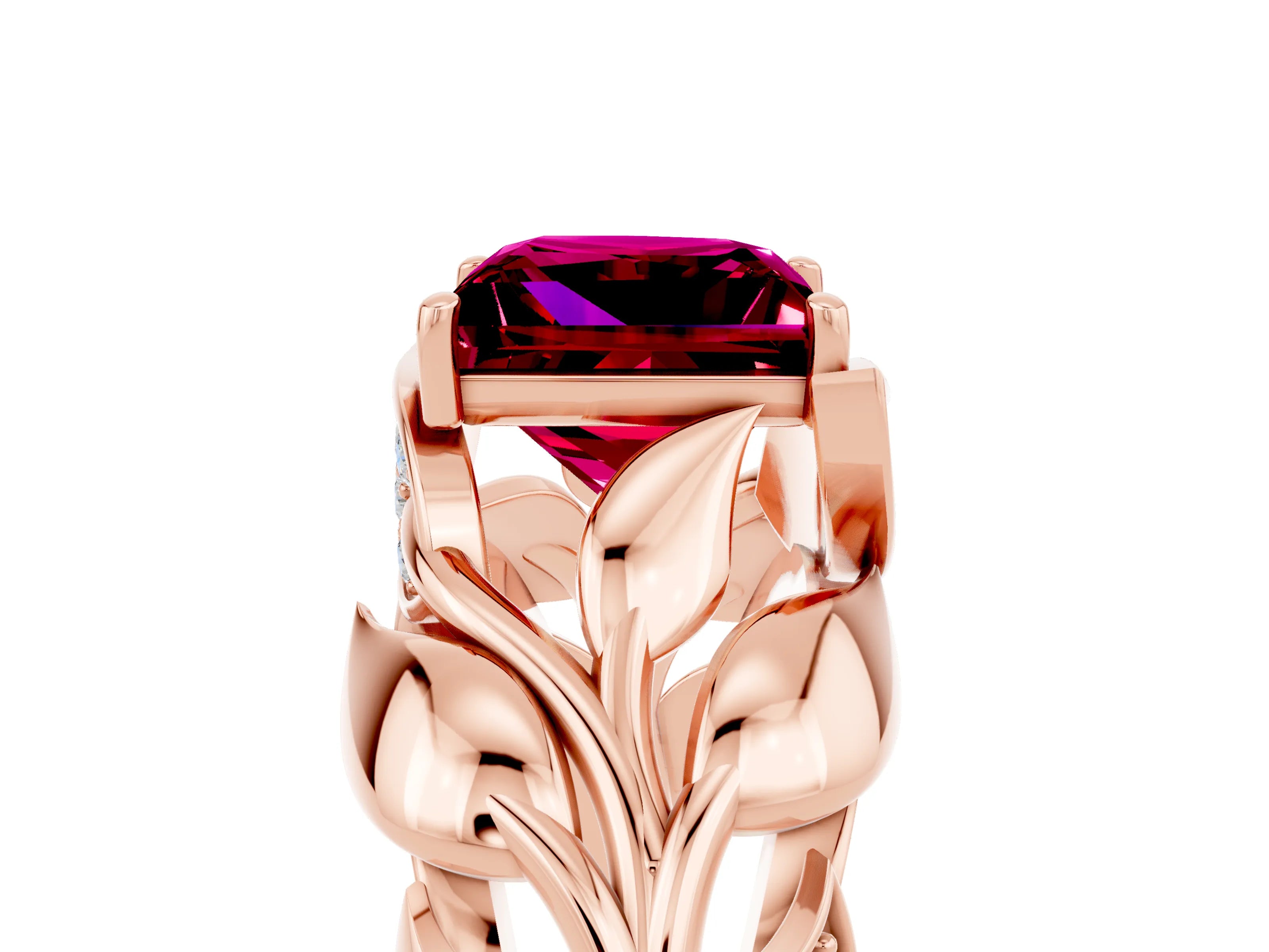 Rose gold Princess Cut Solitaire Leaf-Inspired Engagement Ring with Prong Setting_5
