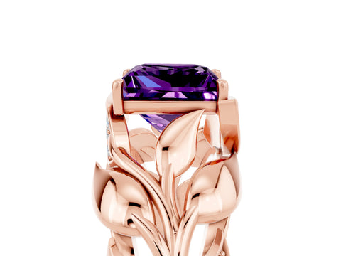 Rose gold Princess Cut Solitaire Leaf-Inspired Engagement Ring with Prong Setting_5