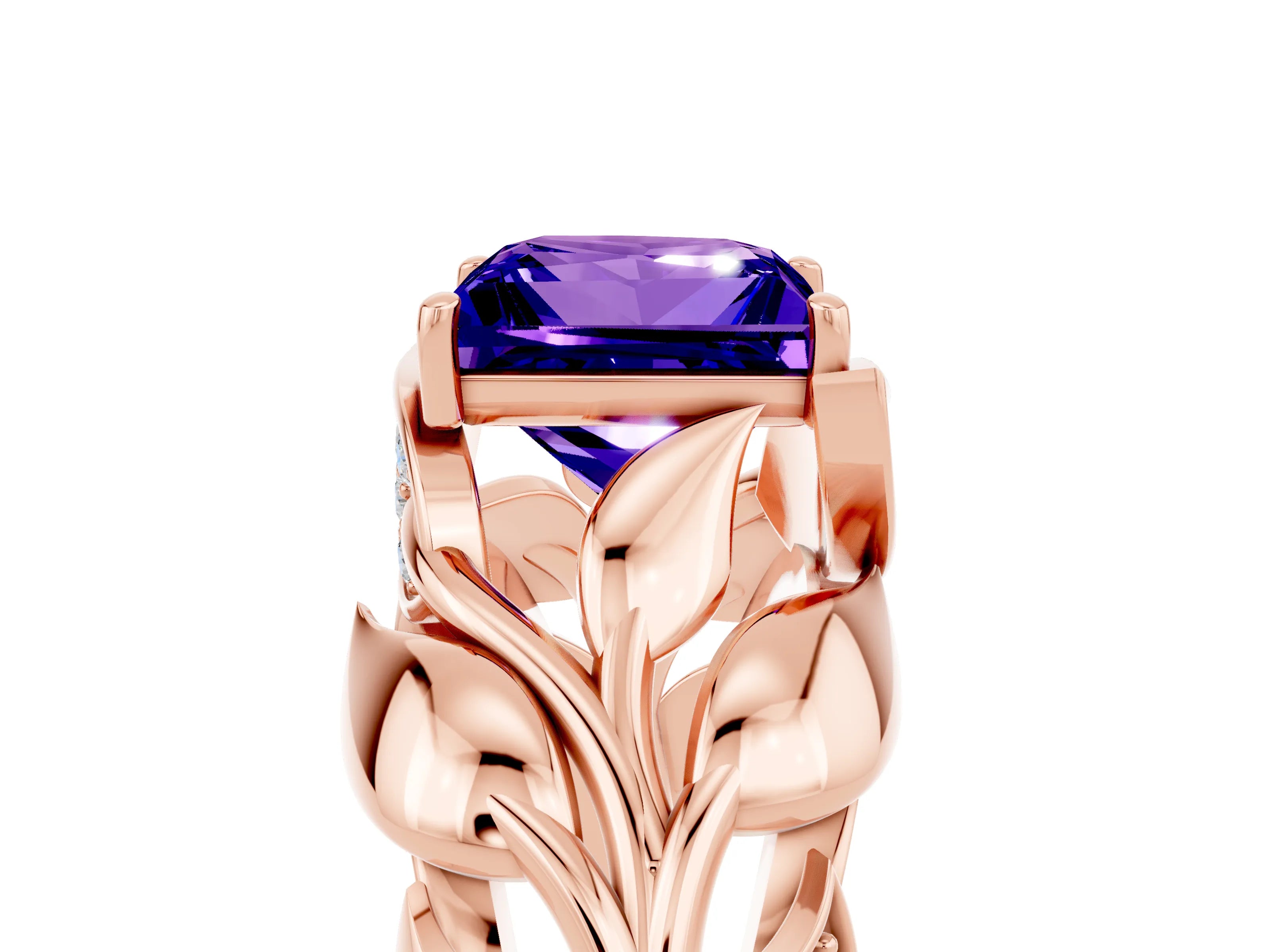 Rose gold Princess Cut Solitaire Leaf-Inspired Engagement Ring with Prong Setting_5