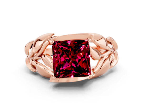 Rose gold Princess Cut Garnet Leaf-Inspired Engagement Ring with Round Accents and Prong Setting
