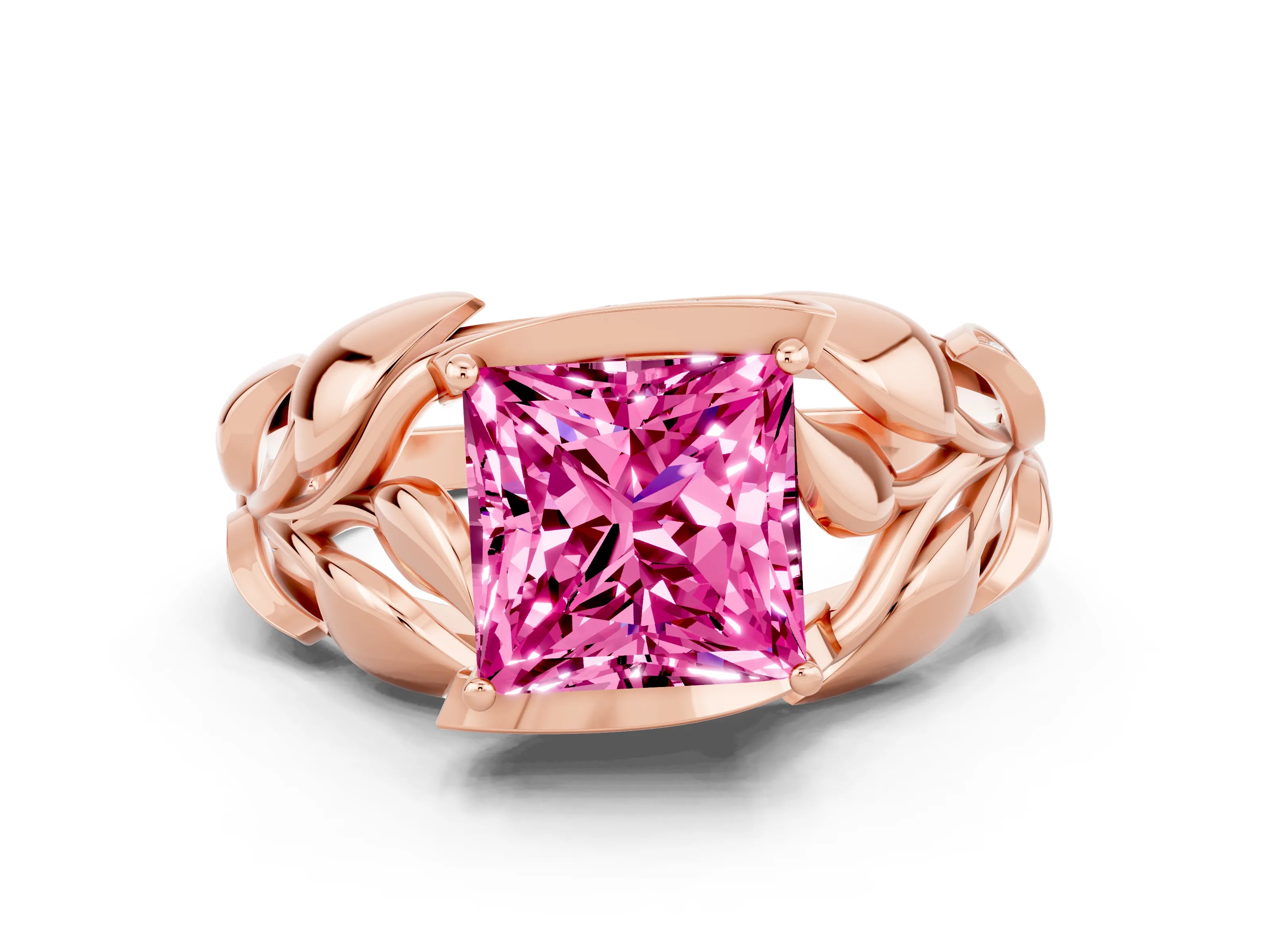 Rose gold Princess Cut Solitaire Leaf-Inspired Engagement Ring with Prong Setting