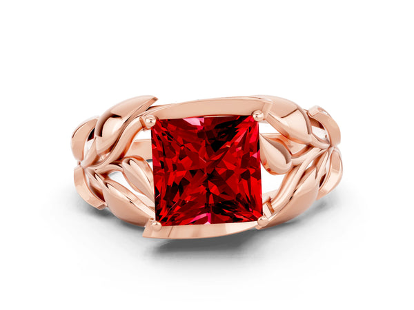 Rose gold Princess Cut Ruby Leaf-Inspired Engagement Ring with Round Accents and Prong Setting