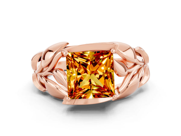 Rose gold Princess Cut Citrine Leaf-Inspired Engagement Ring with Round Accents and Prong Setting