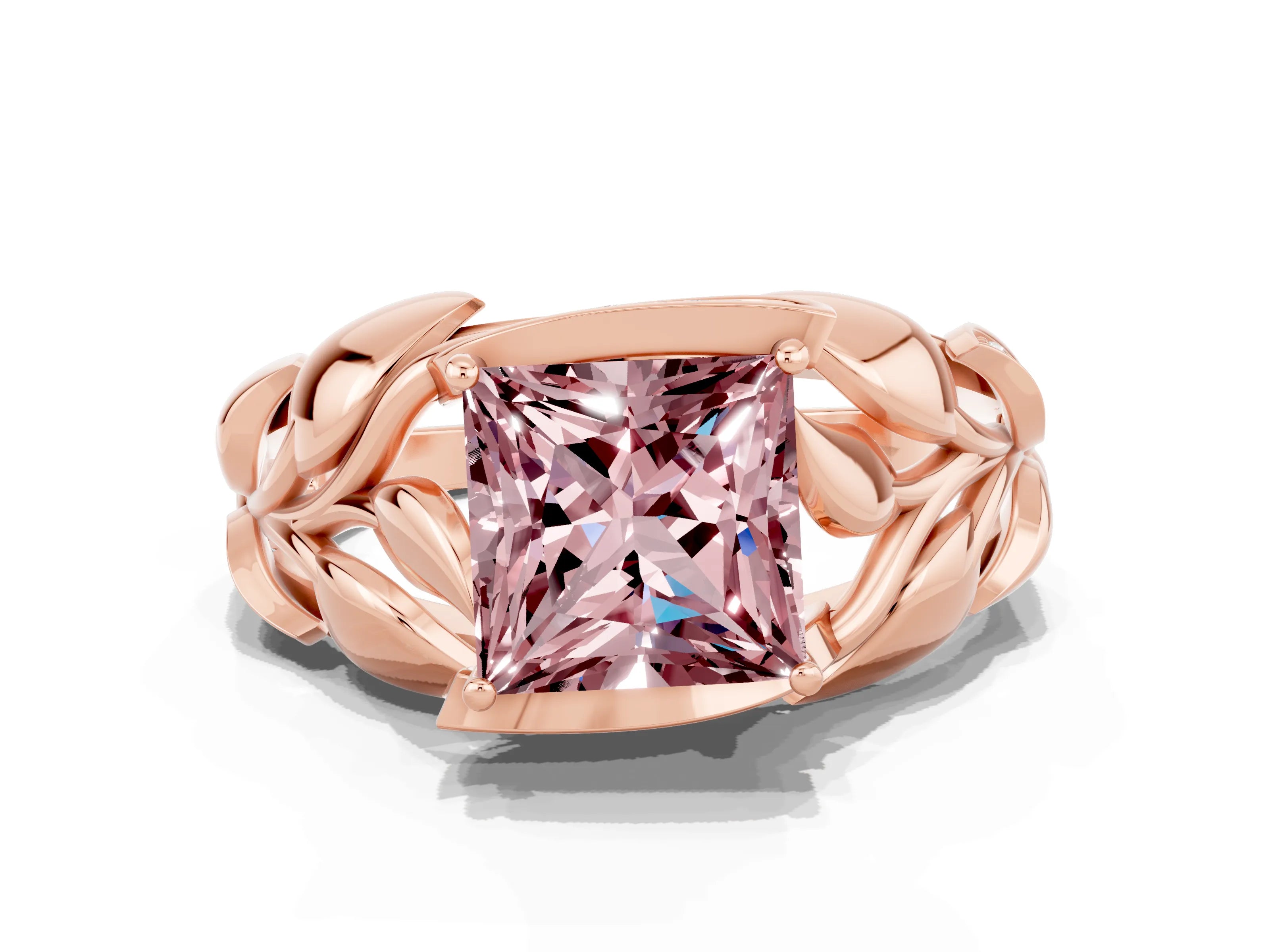 Rose gold Princess Cut Solitaire Leaf-Inspired Engagement Ring with Prong Setting