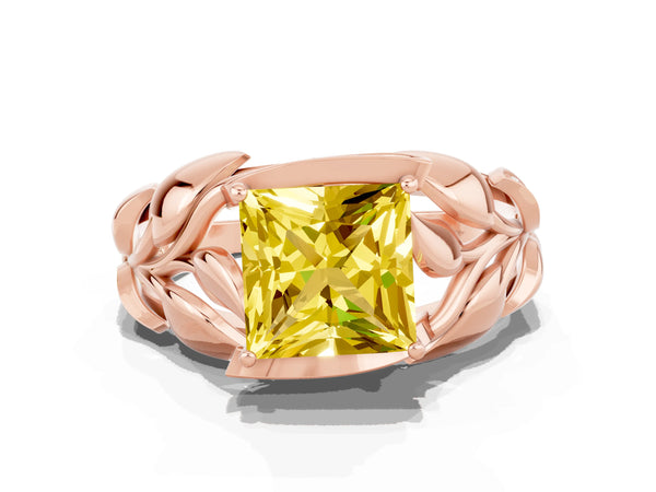 Rose gold Princess Cut Yellow Sapphire Leaf-Inspired Engagement Ring with Round Accents and Prong Setting
