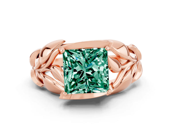 Rose gold Princess Cut Green Sapphire Leaf-Inspired Engagement Ring with Round Accents and Prong Setting