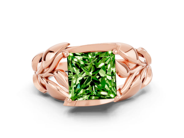 Rose gold Princess Cut Solitaire Leaf-Inspired Engagement Ring with Prong Setting