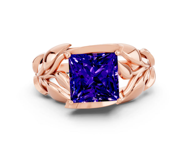 Rose gold Princess Cut Tanzanite Leaf-Inspired Engagement Ring with Round Accents and Prong Setting