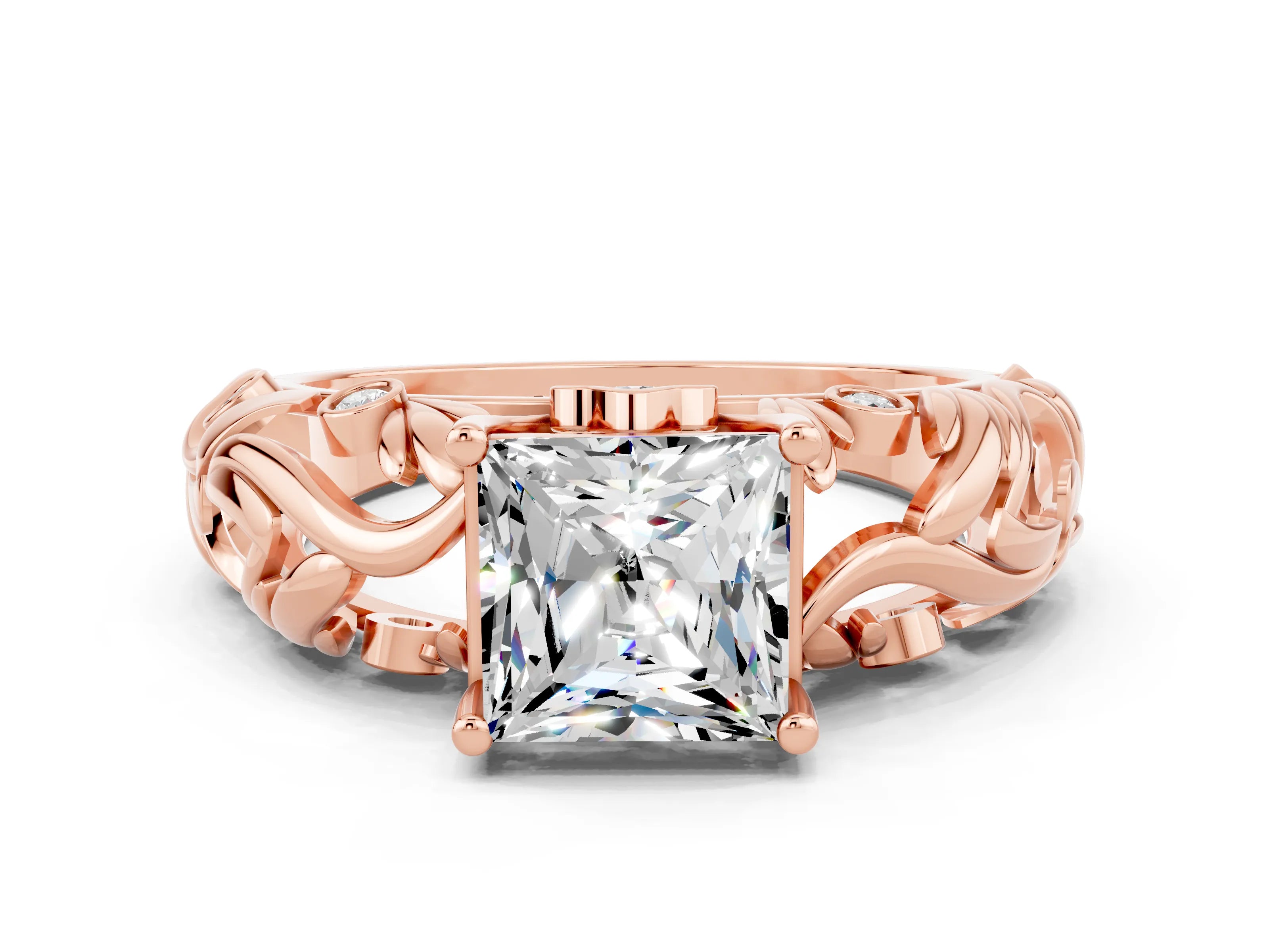 Rose gold Princess Cut Solitaire Moissanite Leaf-Inspired Vine Band Ring with Prong Setting