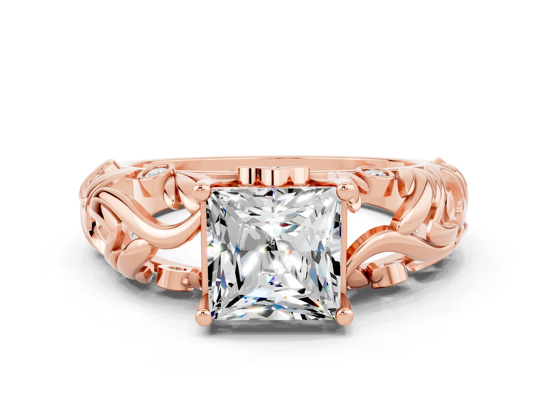 Rose gold Princess Cut Solitaire Moissanite Leaf-Inspired Vine Band Ring with Prong Setting